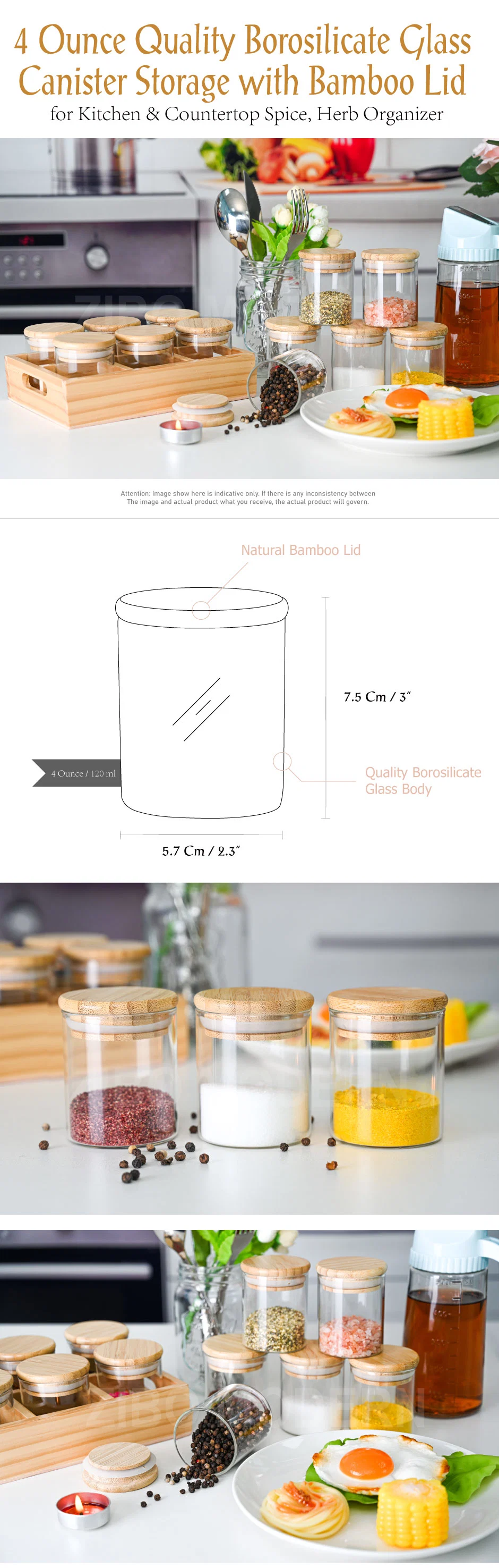 4 Ounce Quality Borosilicate Glass Canister Storage with Bamboo Lid, for Kitchen &amp; Countertop Spice, Herb Organizer