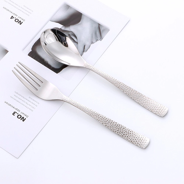 Stainless Steel Silver Color Flatware Dinner Set with Hammered Handle