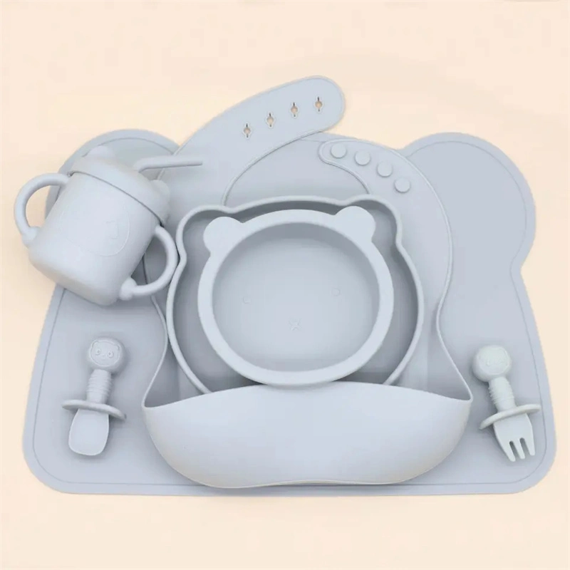 Baby Silicone Cutlery Baby Plate Bib Bowl Cup Spoon Fork Placemat Feeding Set