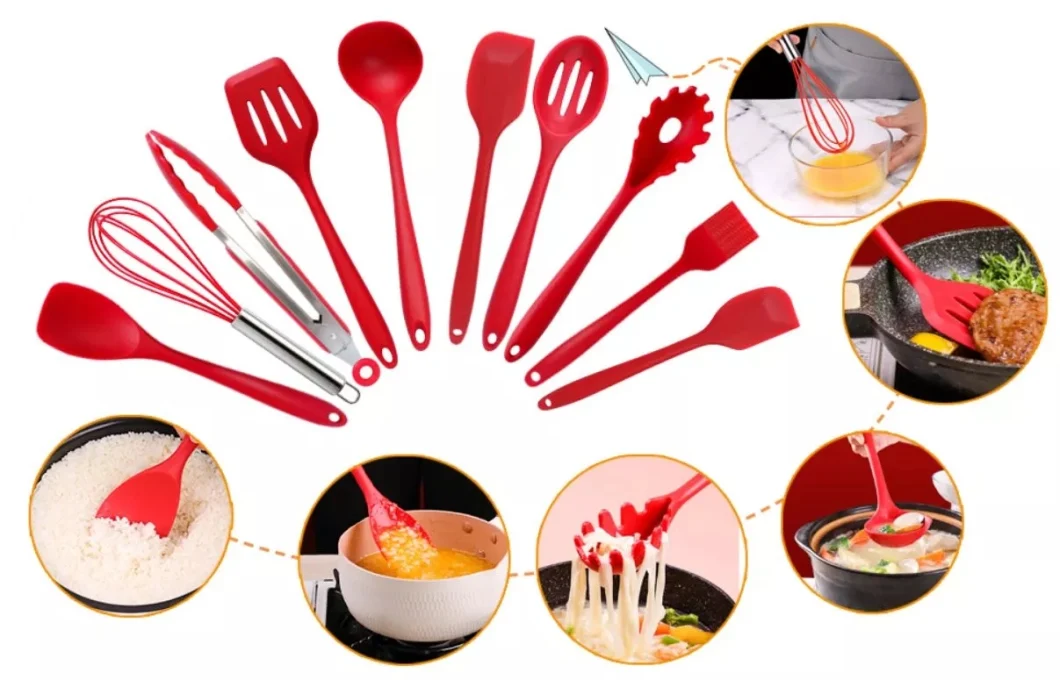 Sell Like Hot Kitchen Accessories Traditional Red Color Spoon Silicone Non-Stick Cooking Kitchen Utensil Set