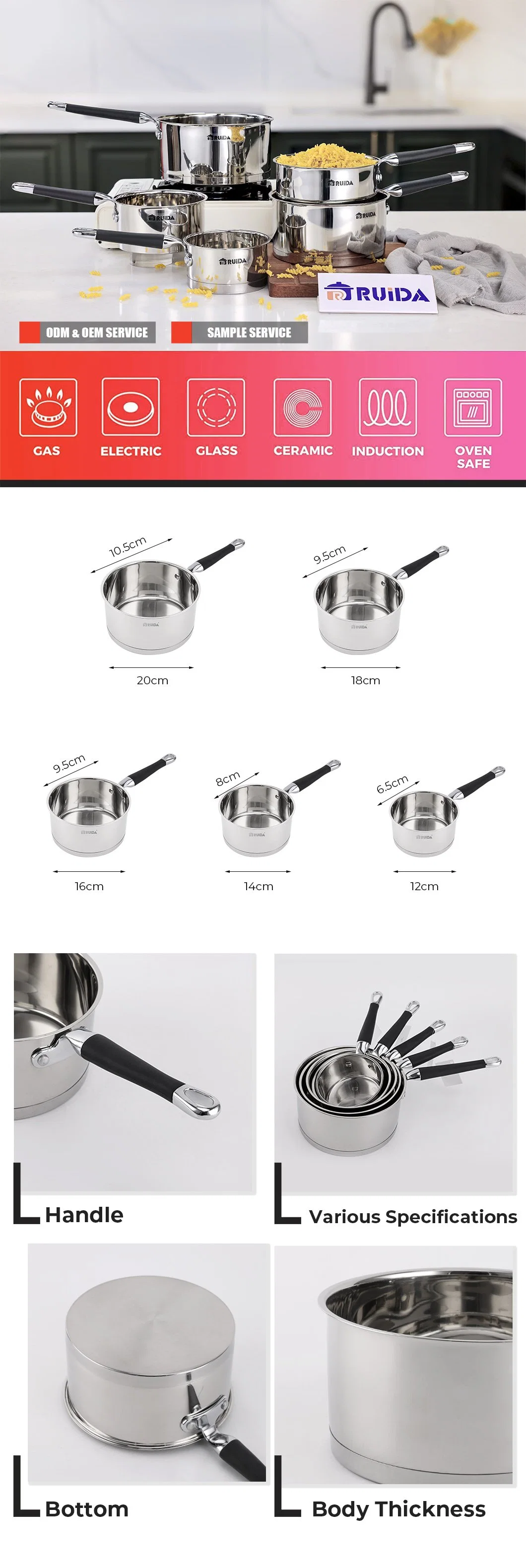 5PCS Stainless Steel Saucepan Kitchen Utensils with Black Silicon Handle Mini Pot