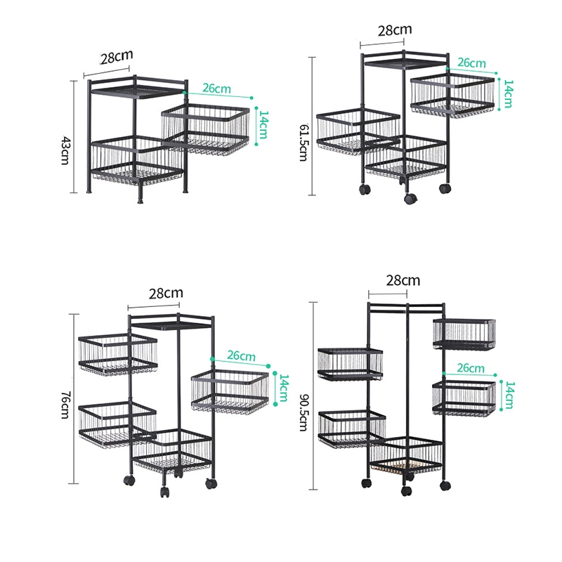 3 Layer Drawer Type Rotatable Kitchen Trolley with Wheels Rolling Utility Cart Foldable Floor -Standing Vegetable Storage Basket