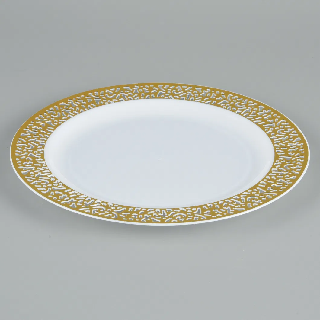 Personalized Hallow out Design Elegant Plastic Round Plates Black Golden Dinnerware Party Sets