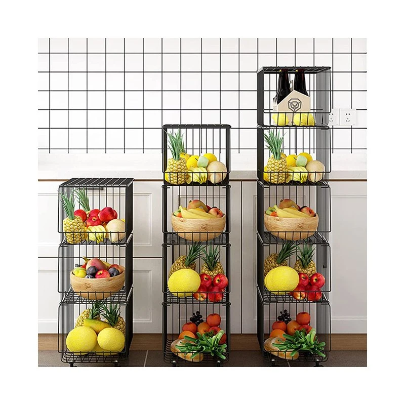 3 Layer Drawer Type Rotatable Kitchen Trolley with Wheels Rolling Utility Cart Foldable Floor -Standing Vegetable Storage Basket