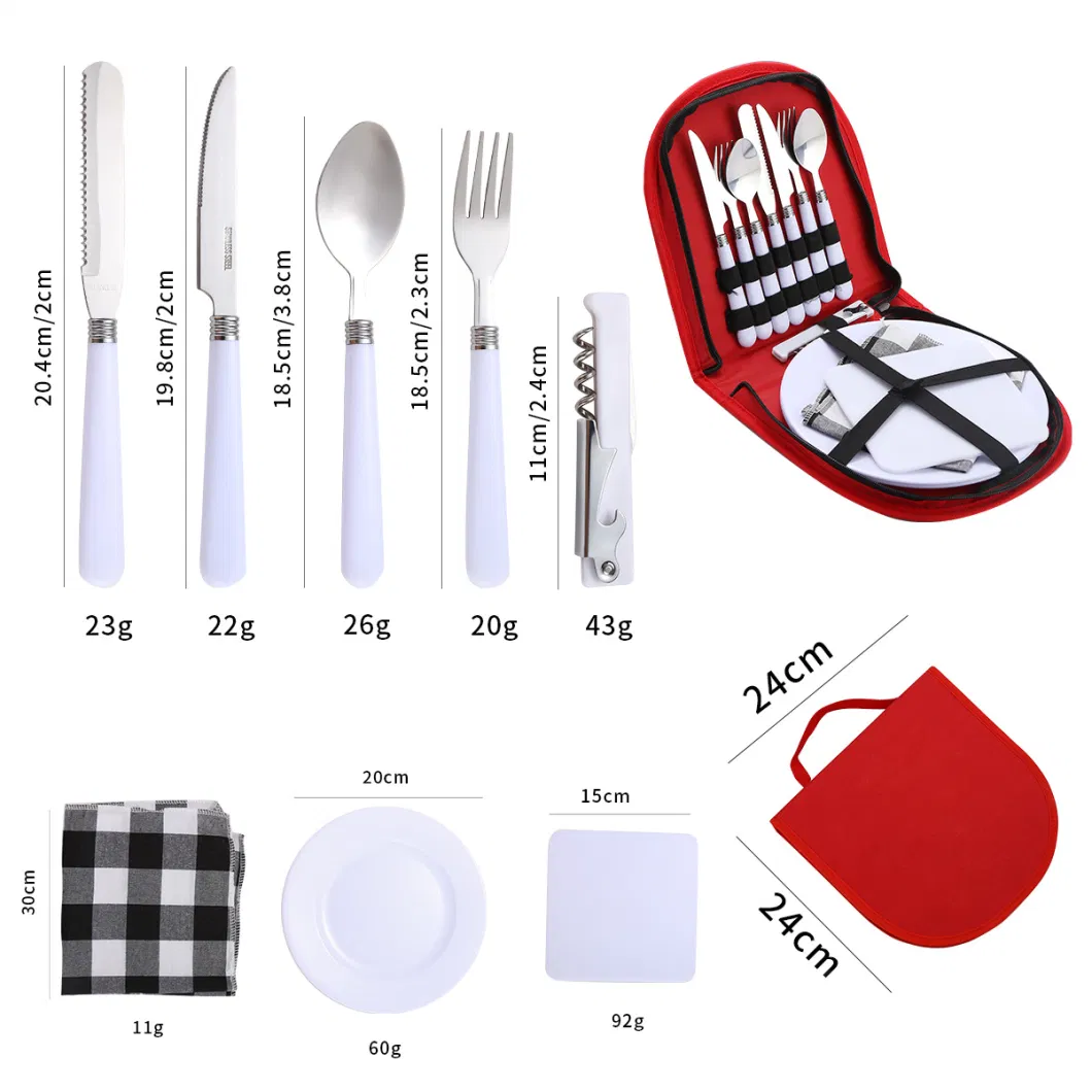 Travel Camping Portable Dinnerware Cutlery Sets with Handbag Plastic Handle Stainless Steel Flatware Sets