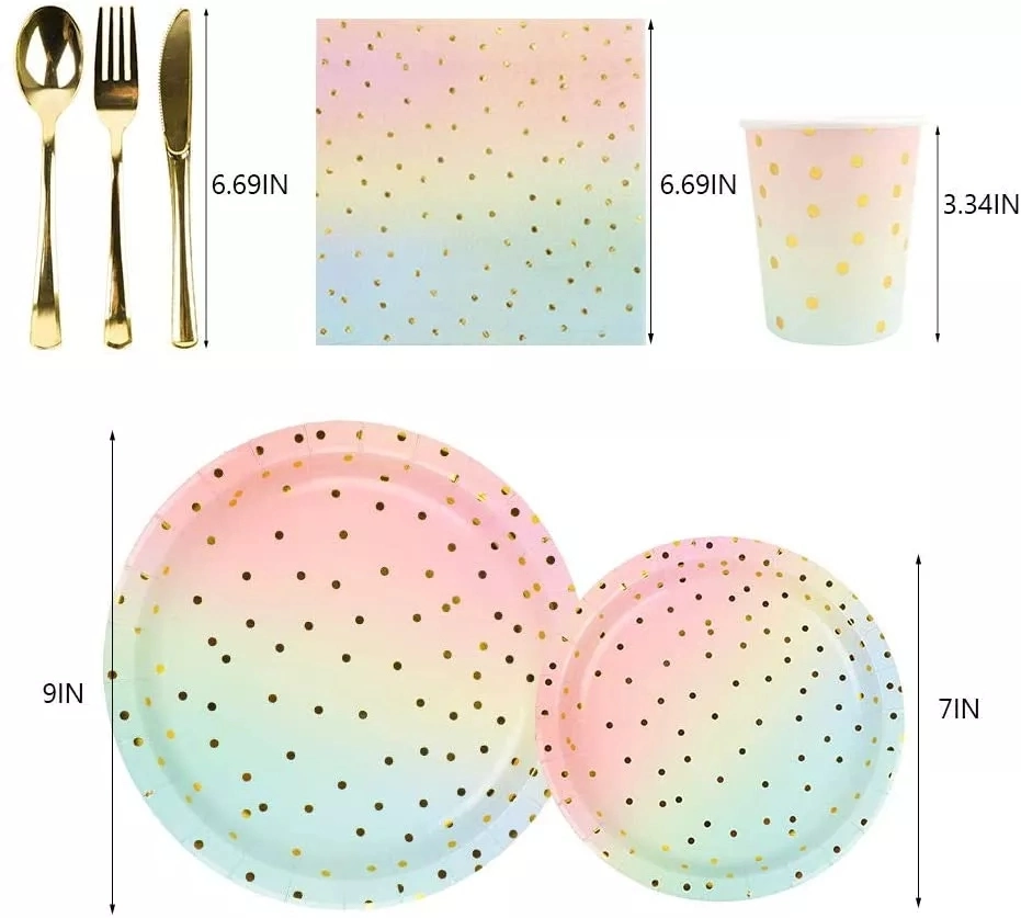 White Square Plastic Plates with Gold Dots Disposable Dinnerware Set for Party