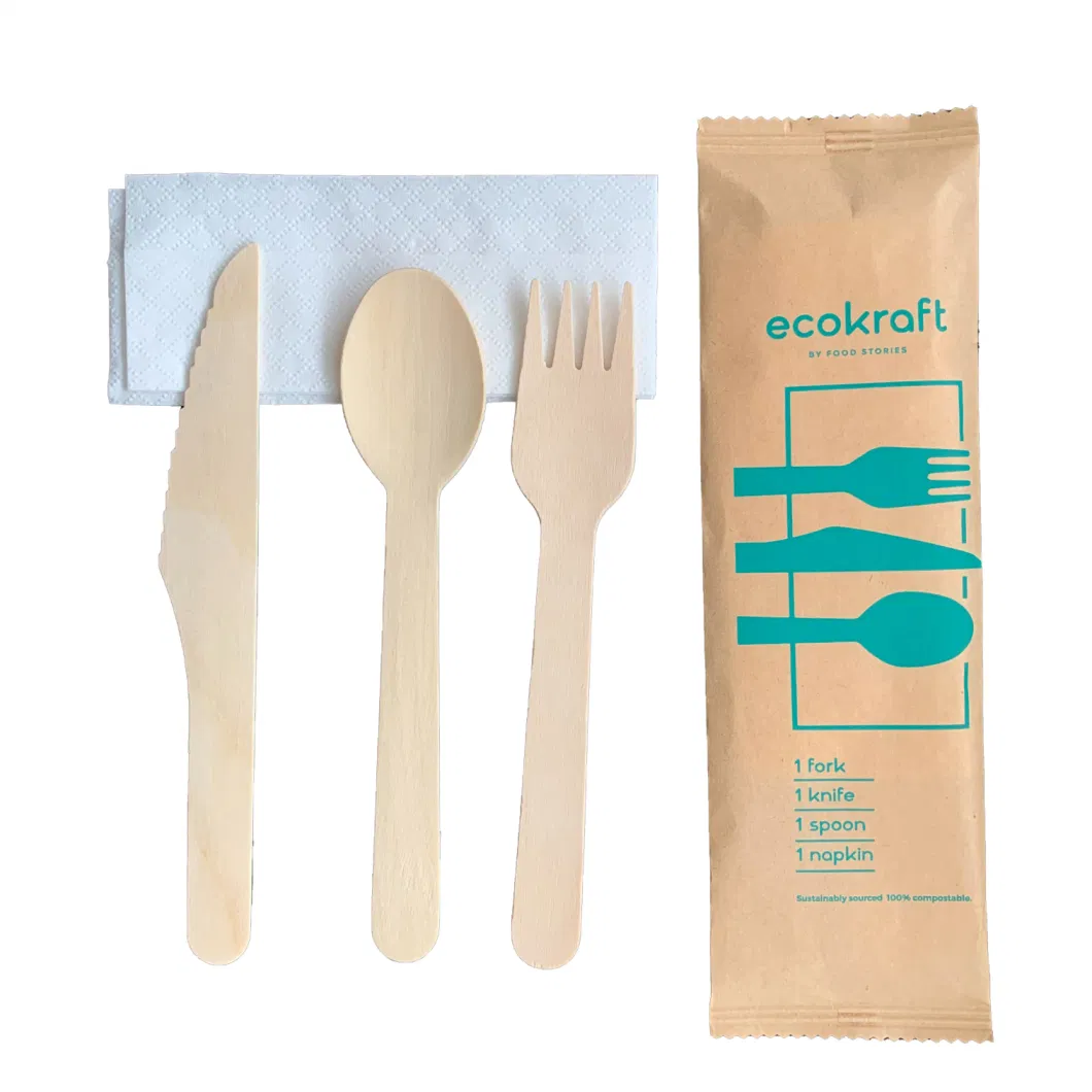 Disposable Wooden Spoon Fork Knife Tableware Set with Kraft Paper Pack