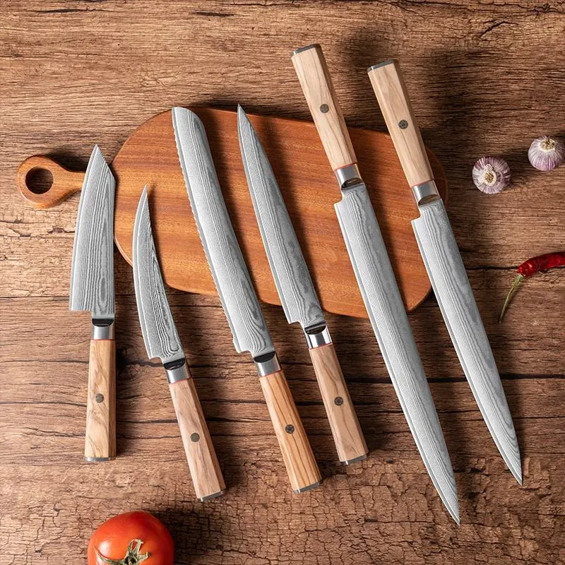 High Quality Kitchen Knife Set Damascus Kitchen Utensil Olive Wood Handle