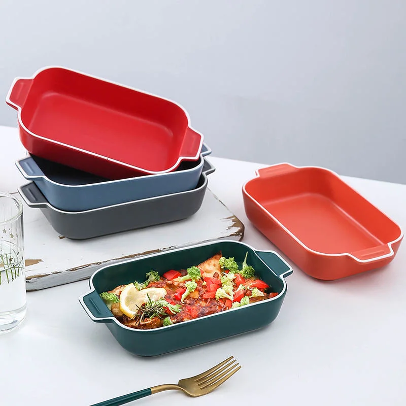 Rectangular Bakeware Set Porcelain Baking Dishes Ceramic Bakeware Plates Baking Round Bowl for Kitchen Custom Green Color