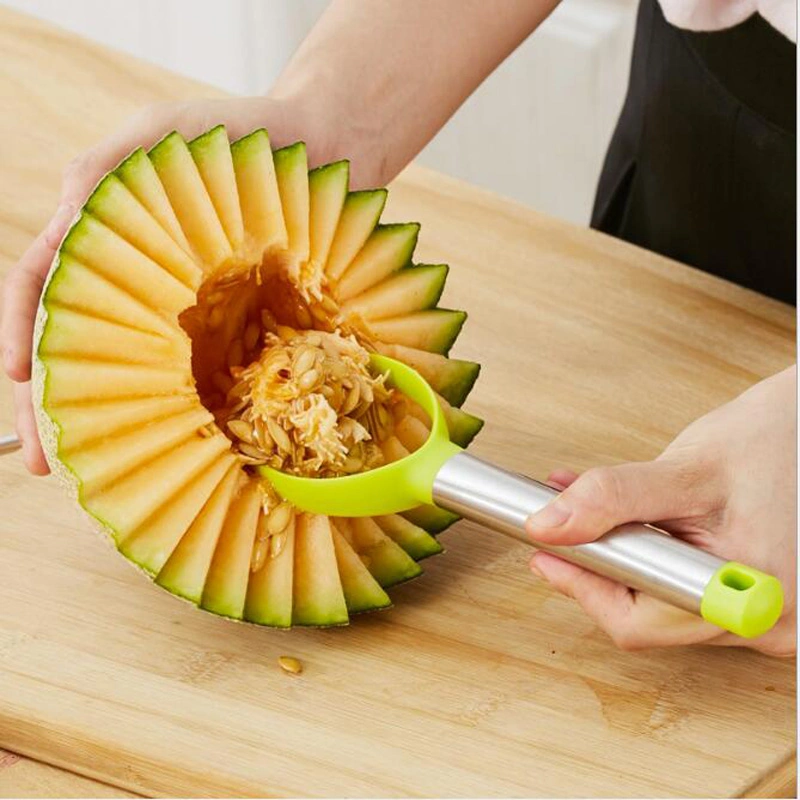 3 in 1 Kitchen Gadget Tool - Stainless Steel Melon Baller Scoop + Fruit Peeler + Carving Knife for Fruits Ice Cream Cookie Dough Butter Esg12274