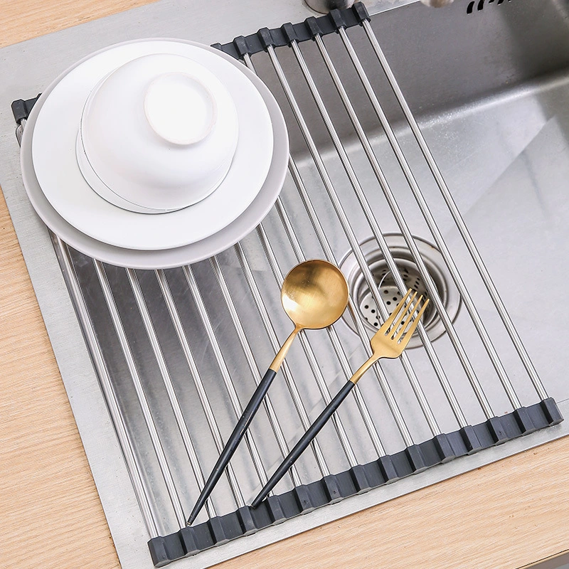 Foldable Mat Stainless Steel Wire Dish Drying Rack for Kitchen Sink Counter