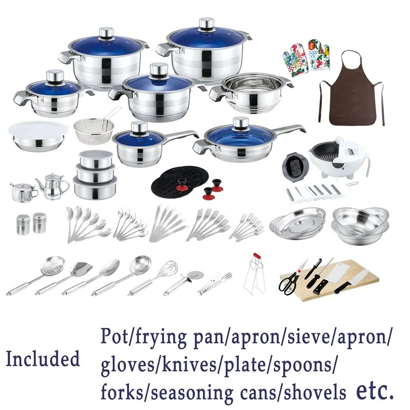 100PCS Stainless Steel Cookware Set with Blue Glass Lid Cooking Pot with Kitchen Utensils for South America
