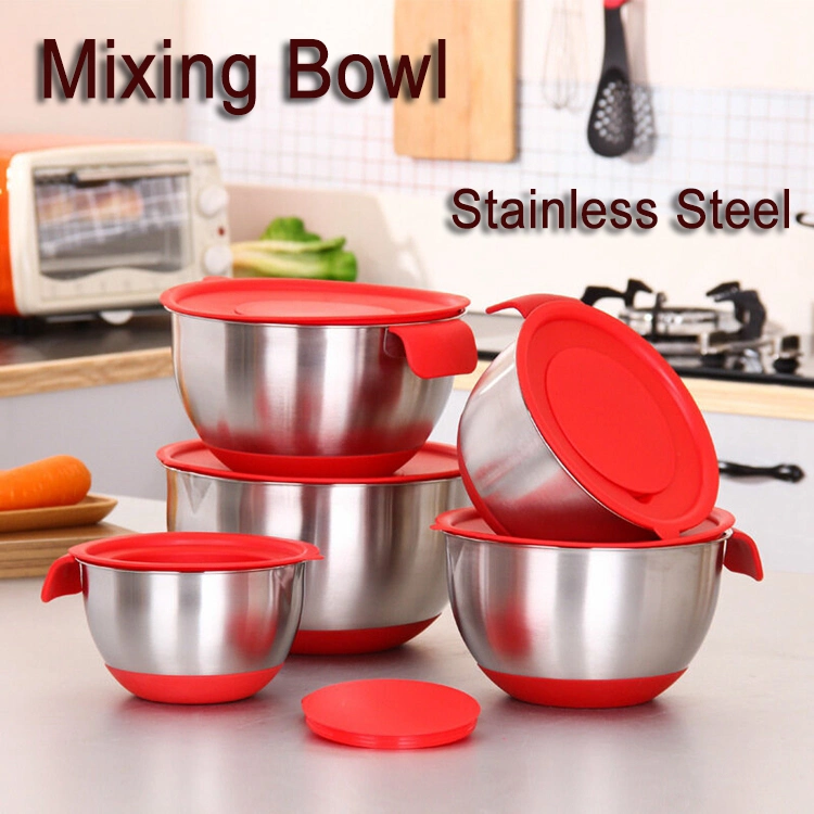 Multi-Functional Cooking Utensil Stainless Steel Bakeware Mixing Bowl Non-Slip Silicone Base Salad Mixing Bowls Set