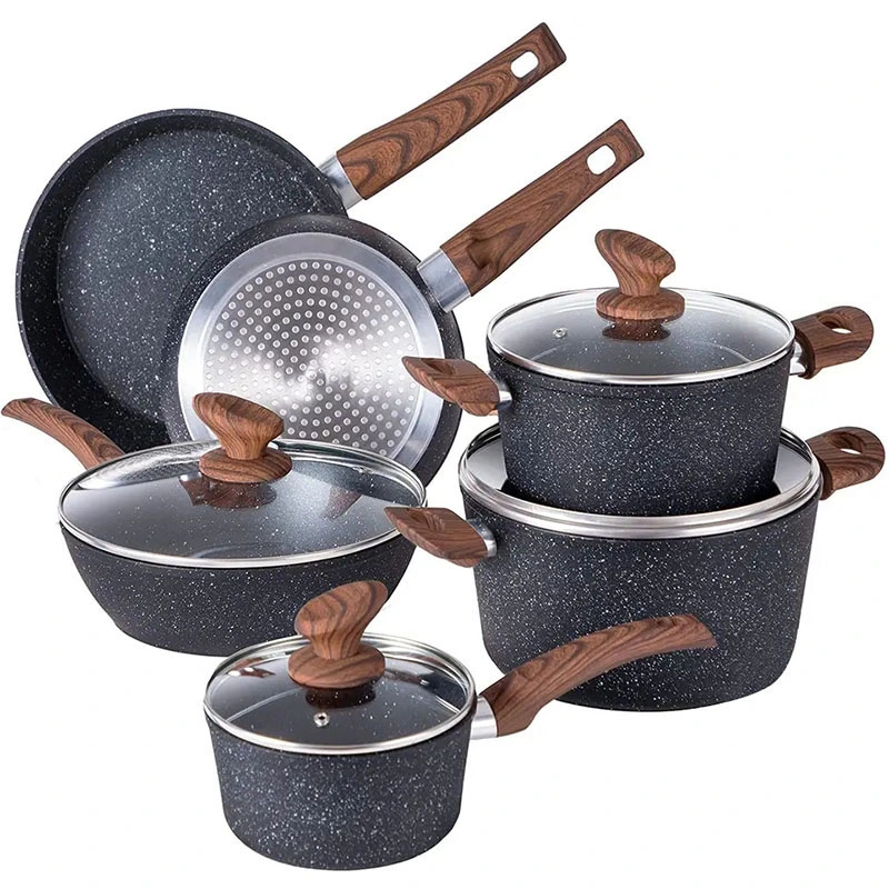 8PCS New Design Home Kitchen Enamel Coated Cast Iron Non Stick Cooking Pots and Pans Lightweight Cast Iron Cookware Set with Glass Lid Stainless Steel Handle
