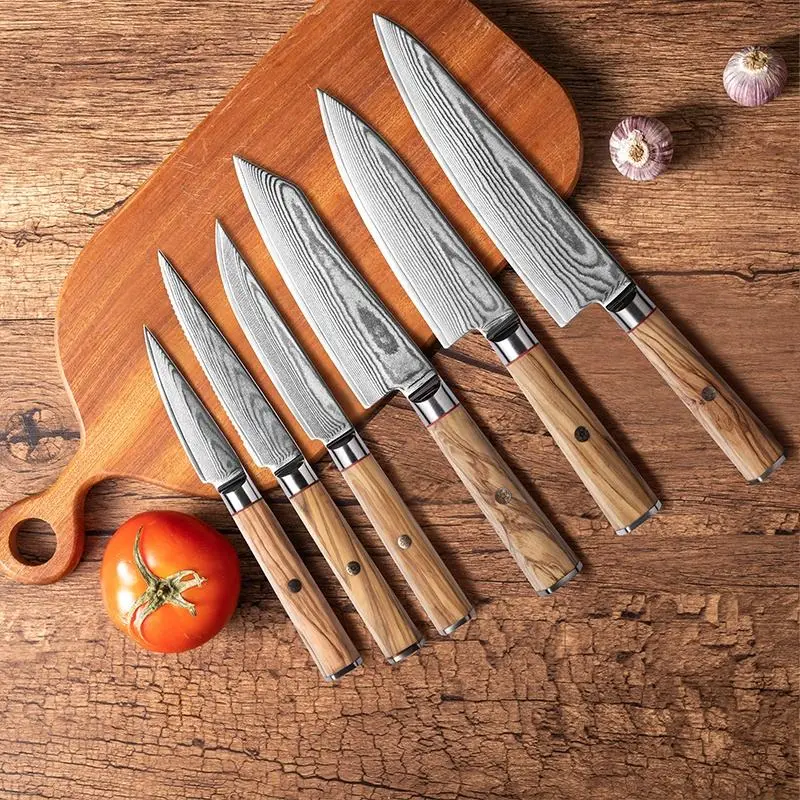 High Quality Kitchen Knife Set Damascus Kitchen Utensil Olive Wood Handle