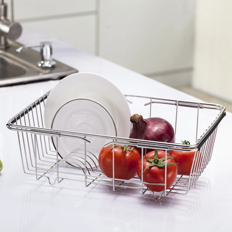 Expandable Kitchen Sink Dish Drainer Drying Rack Stainless Steel with Rubber Handle Multifunctional