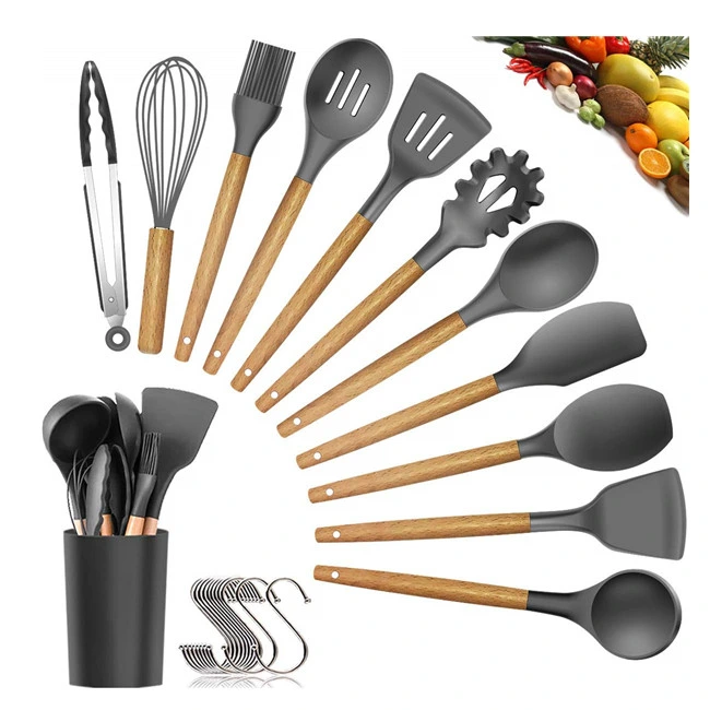 Silicone Kitchen Accessories Set Heat Resistant Wooden Handle Kitchen Utensil