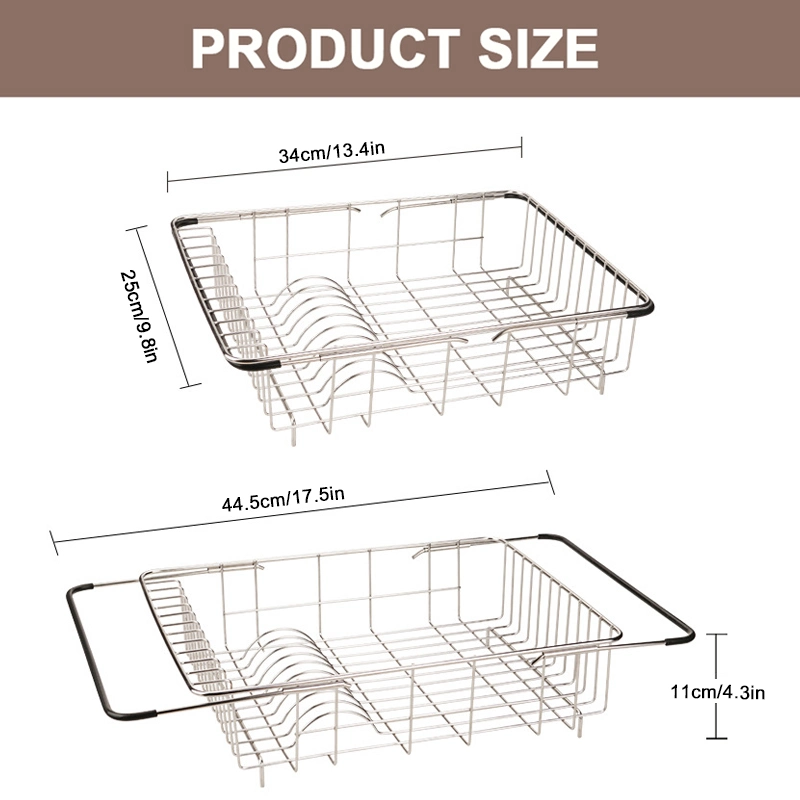 Expandable Kitchen Sink Dish Drainer Drying Rack Stainless Steel with Rubber Handle Multifunctional