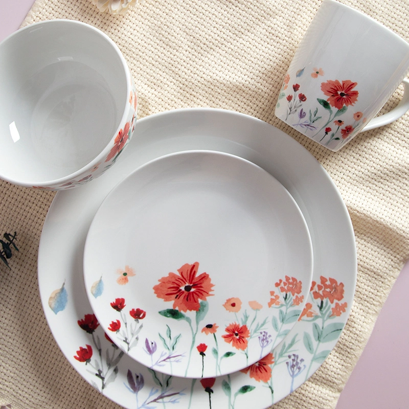 High-Quality Ceramic Tableware OEM ODM 12/16/18 Piece Porcelain Printing Floral Dinnerware Sets