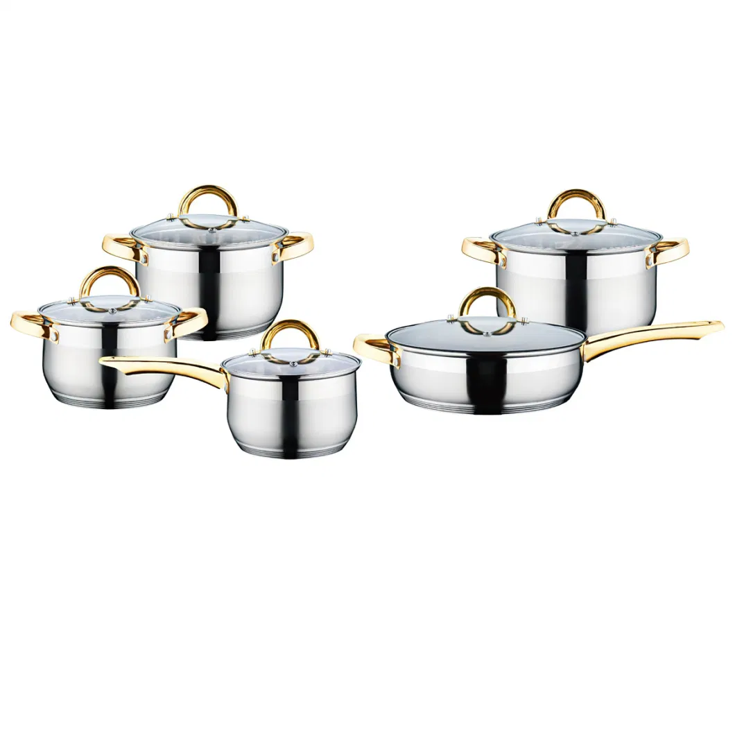 10PCS Induction Multistepped Base Golden Handle Cookware Set of Stainless Steel, Nonstick Fry Pans, Metal Hotpots, Hotsale Kitchenware