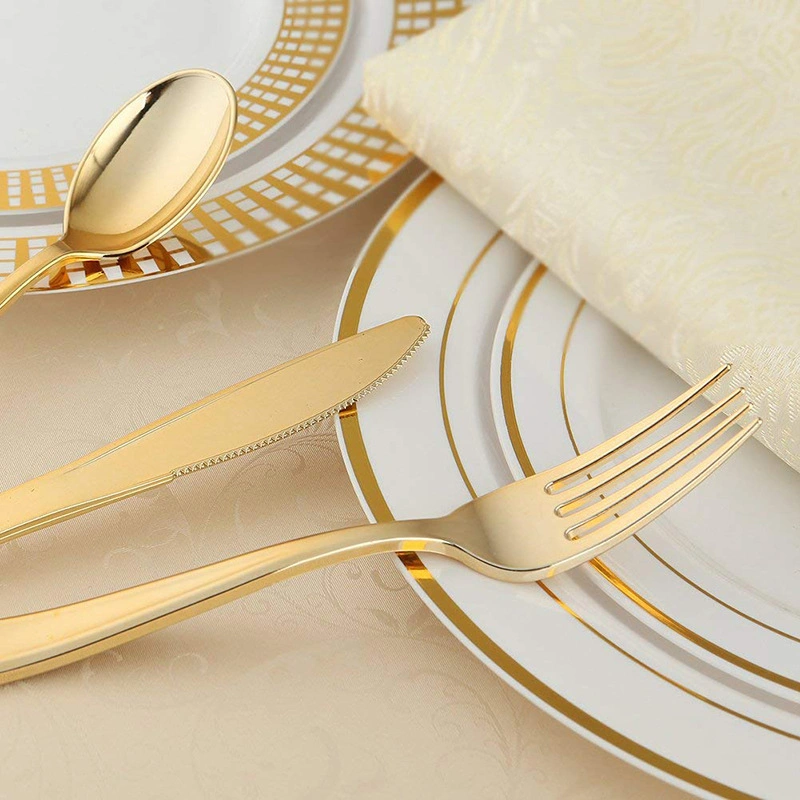 Elegant Premium Heavy Duty Disposable Plastic Gold Rose Silver Rim Dinnerware Tableware Dinner Sets for Party Wedding Birthdays
