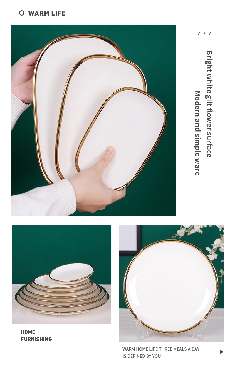 Free Sample Multi Size Dinner Ceramic White Plate with Gold Rim