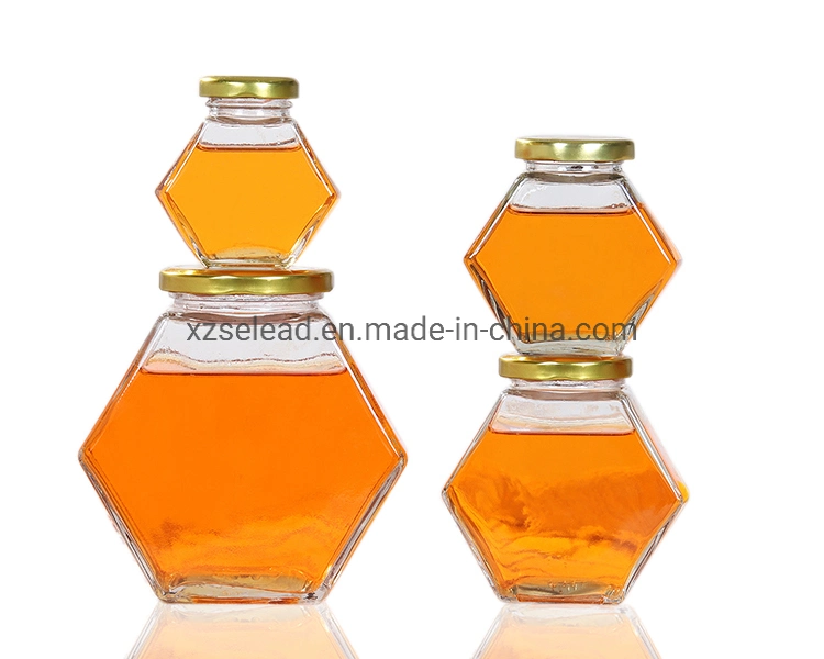 Honeycomb Shape Hexagonal Glass Storage Pot Cruet Spice Herb Mini Honey Jar with Wooden Dipper and Bamboo Lid