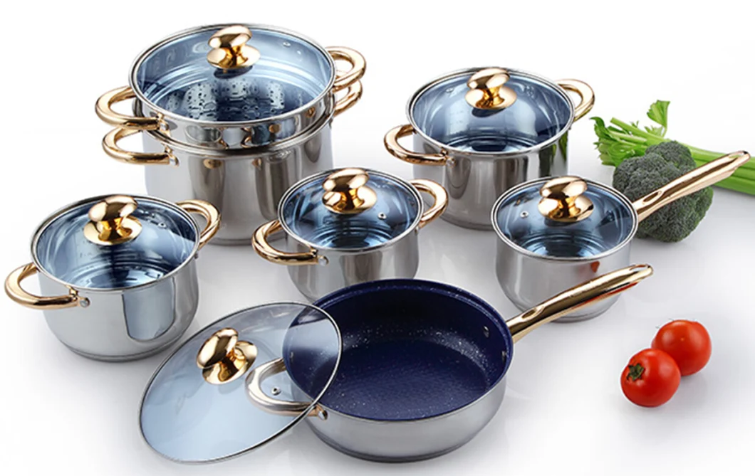 Wholesale 12PCS Stainless Steel Cookware Set with Golden Handles and Blue Glass Lid, Economic Kitchenware Suitable for Any Cooktops with Pots and Pans