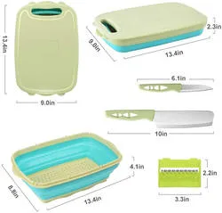 Multi Functional Greater Portable Kitchen Tools 9 in 1 Plastic Collapsible Chopping Cutting Board with Folding Strainer Colander