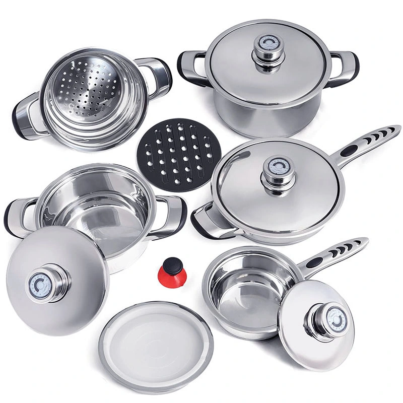 16PC Heavy-Duty Thermometer Knob Cooking Pot Frypan Stainless Steel Cookware Set Customized Logo