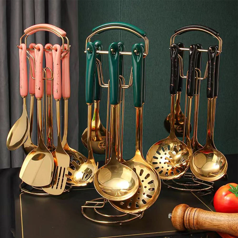 Easy Hook Green Ceramic Handle Golden Stainless Steel Kitchen Utensil Set