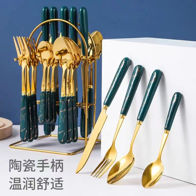 German High-Quality Luxury Rose Gold Stainless Steel Ceramic Handle 24-Piece Knife and Fork Set.