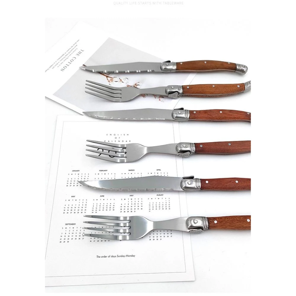 Dinnerware Plastic Wood Grain Handle Food Steak Knife and Fork Set Mi25011