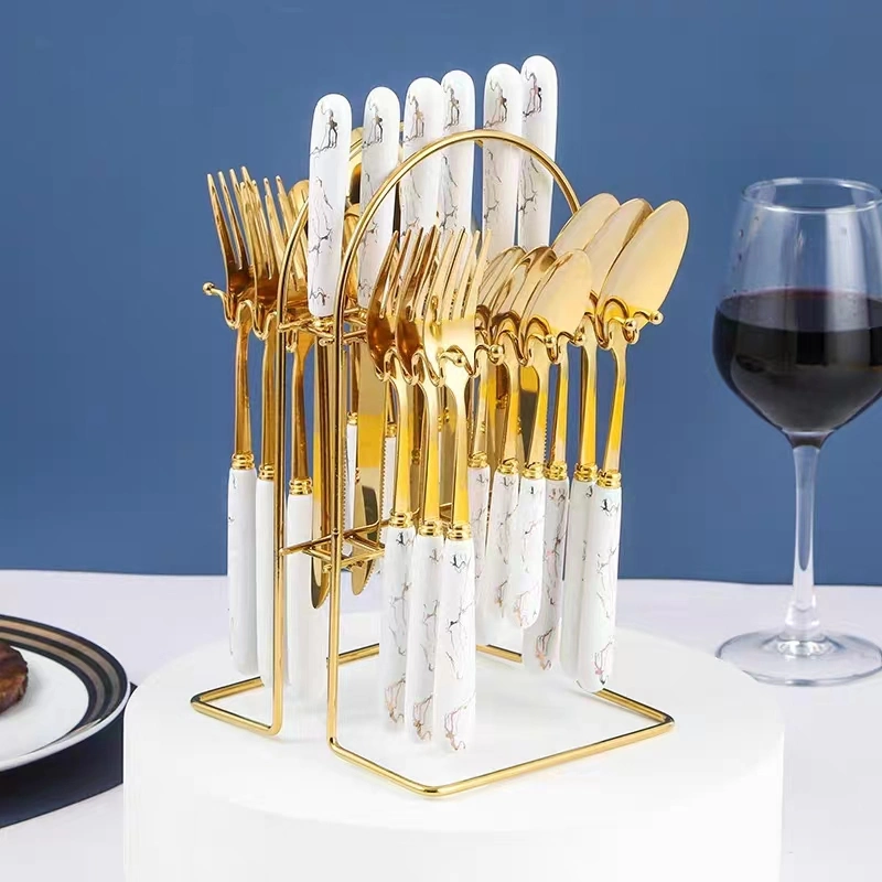 German High-Quality Luxury Rose Gold Stainless Steel Ceramic Handle 24-Piece Knife and Fork Set.