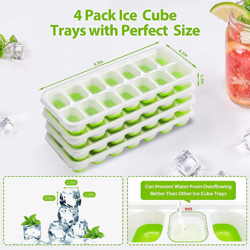 Easy-Release Silicone Flexible 14-Ice Cube Trays with Spill-Resistant Removable Lid