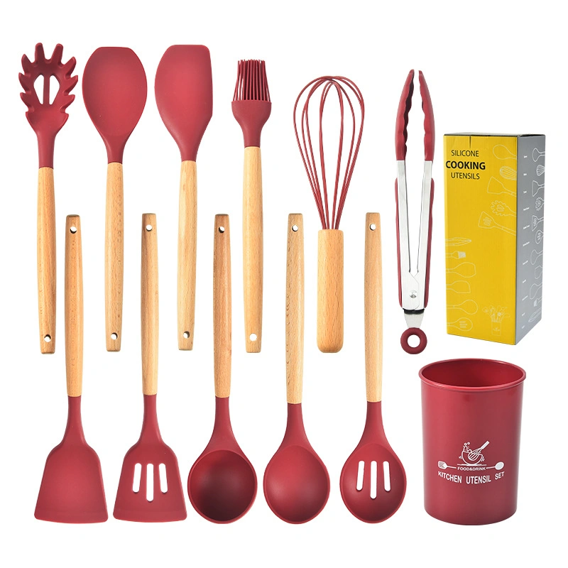 BPA Free Christmas &amp; Holiday Red Non-Stick Silicone Kitchen Utensils Set with Wood Handle