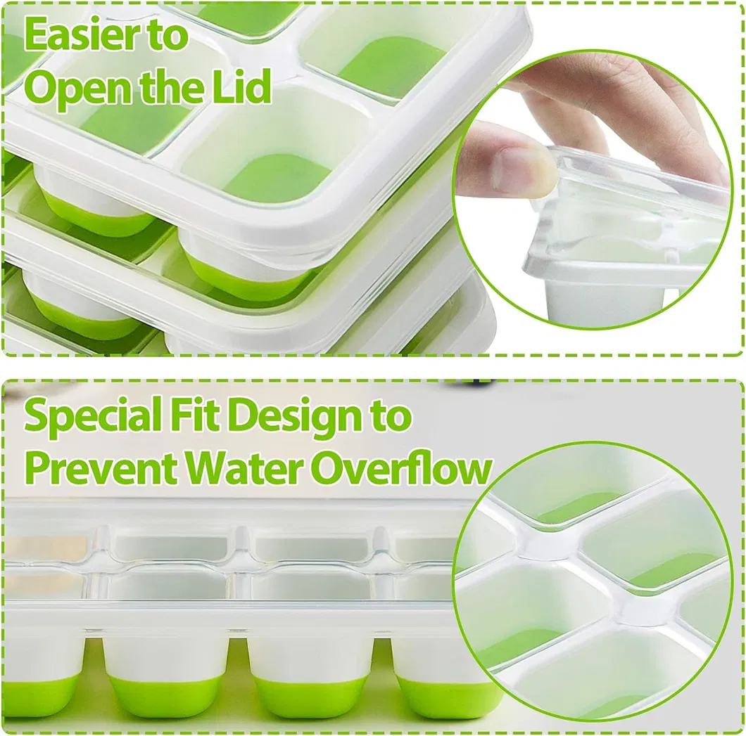 Easy-Release Silicone Flexible 14-Ice Cube Trays with Spill-Resistant Removable Lid