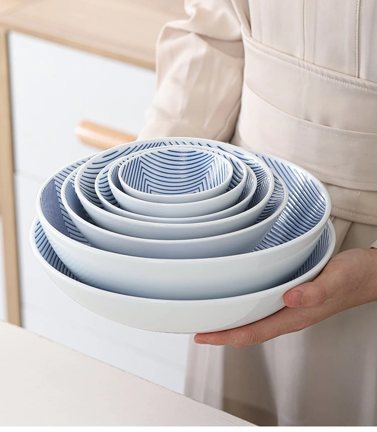 OEM Stamp Printing Design Ceramic Blue Porcelain Kitchen Utensil Bowl Dish Dinner Plate Dinnerware Sets