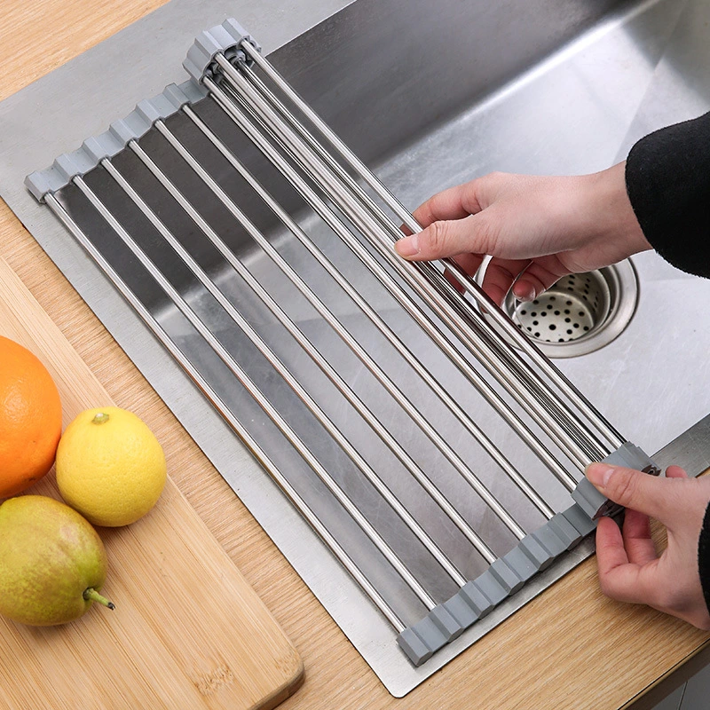 Foldable Mat Stainless Steel Wire Dish Drying Rack for Kitchen Sink Counter