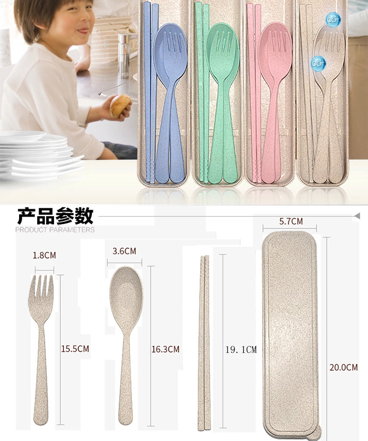 Customized Wheat Straw Portable Tableware Reusable Dinnerware Spoon Fork Chopsticks Cutlery Set