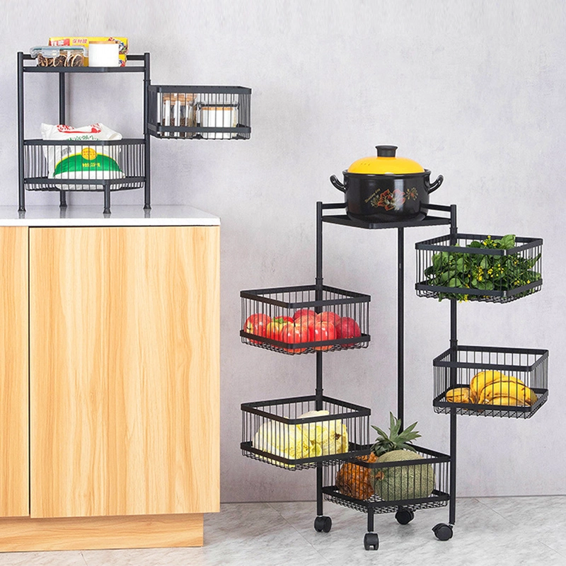 3 Layer Drawer Type Rotatable Kitchen Trolley with Wheels Rolling Utility Cart Foldable Floor -Standing Vegetable Storage Basket