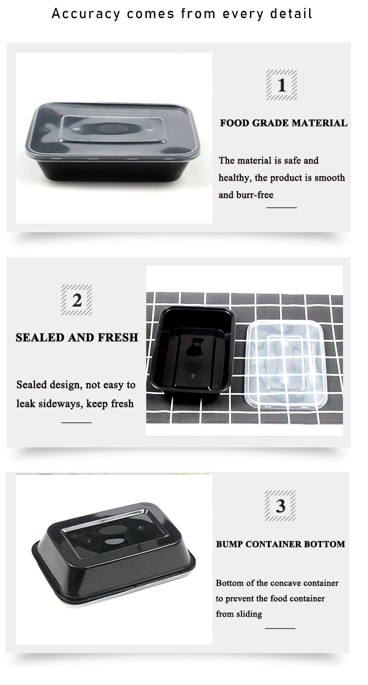 Fresh Food Container Disposable Plastic Tableware 500ml PP Plastic Black Box with Transparent Lid Custom