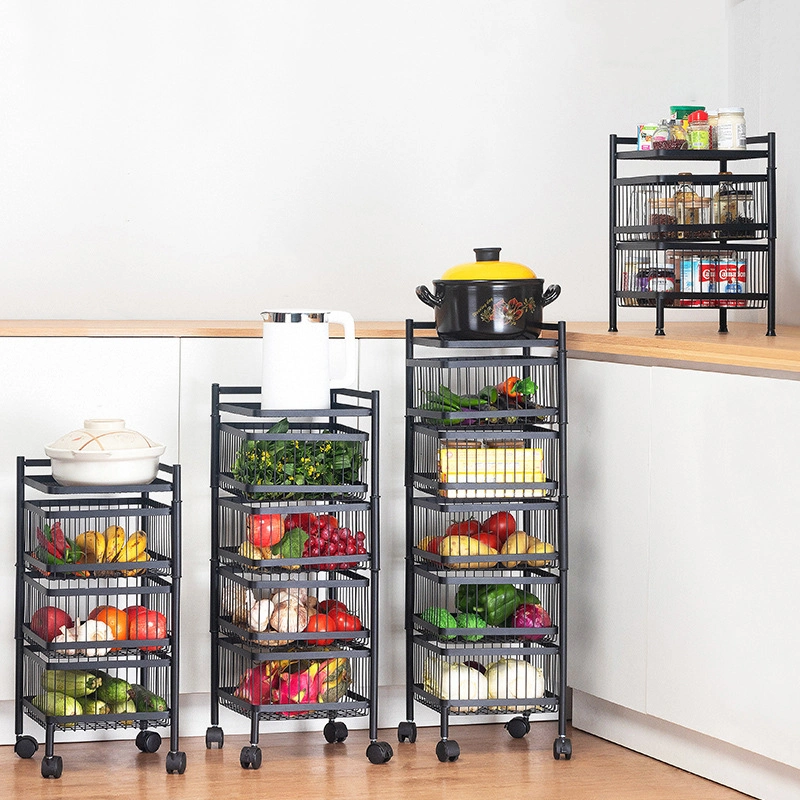 3 Layer Drawer Type Rotatable Kitchen Trolley with Wheels Rolling Utility Cart Foldable Floor -Standing Vegetable Storage Basket