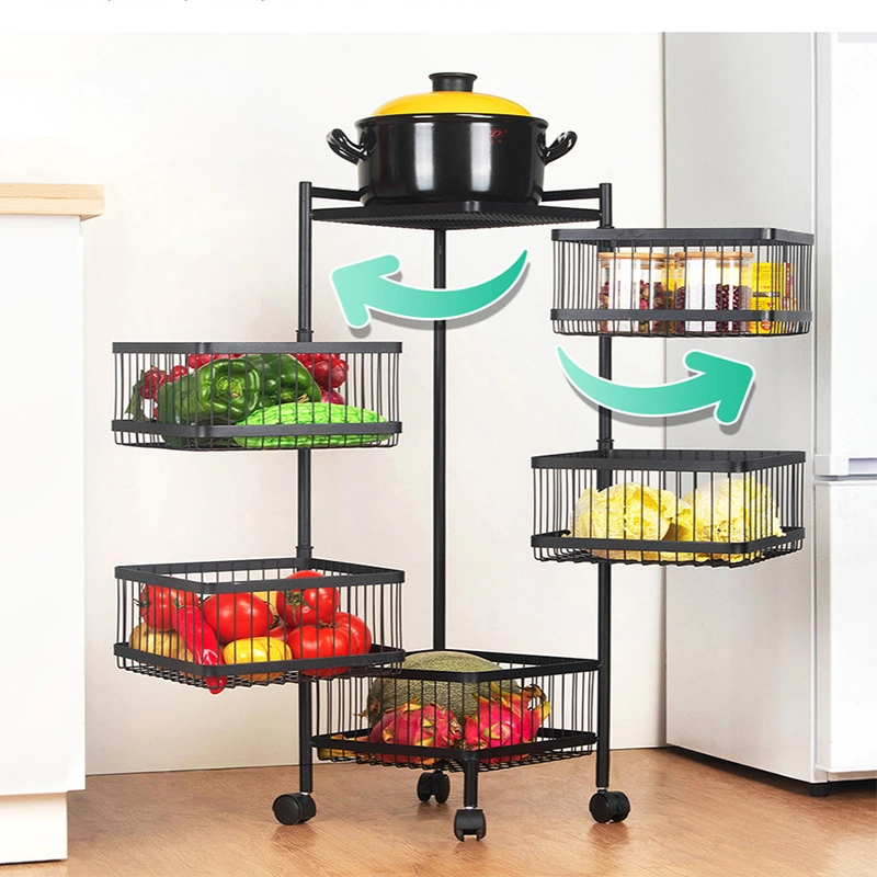 3 Layer Drawer Type Rotatable Kitchen Trolley with Wheels Rolling Utility Cart Foldable Floor -Standing Vegetable Storage Basket