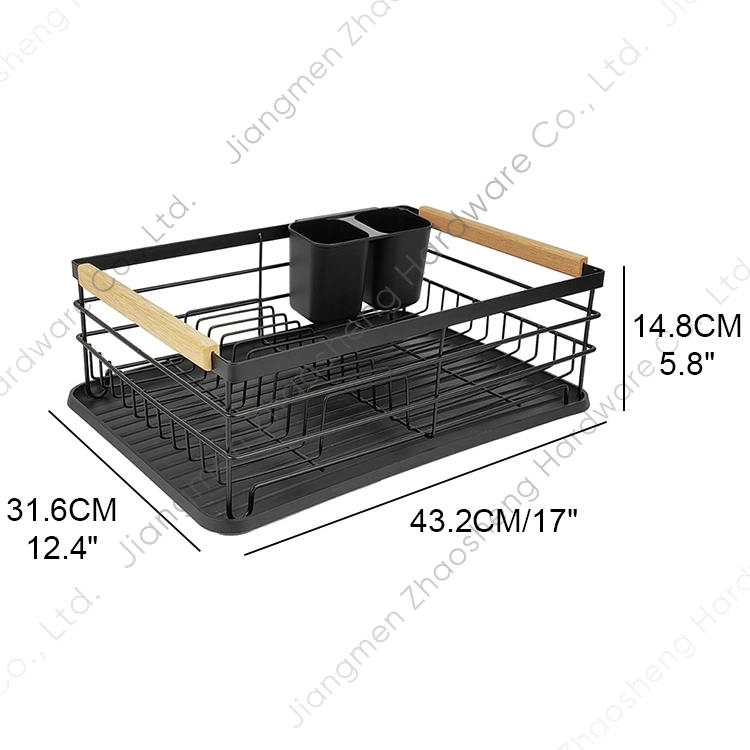 Kitchen Cabinet Sink Organizer Plate Drying Dish Drainer Rack with Bamboo Handle