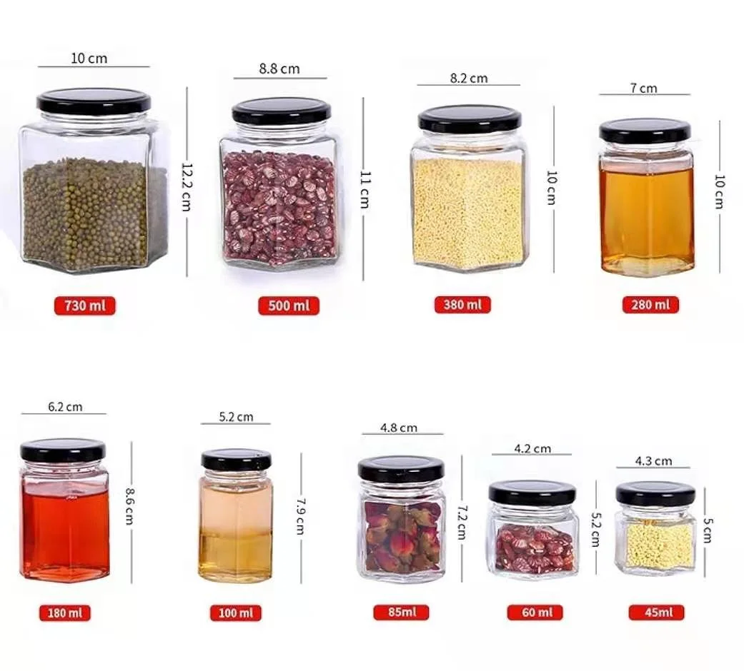 Wholesale Mini 1.5oz 45ml Hexagon Glass Spices Honey Jar / with Metal Lids