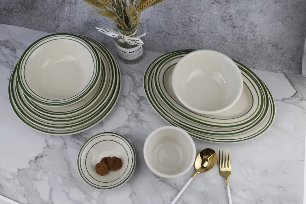 Hot Sale Hand-Painted Green Line Ceramic Stoneware Dinnerware Set for Restaurant Hotel Use Dishwasher Microwaveoven Safe.