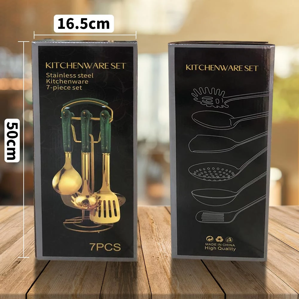 Easy Hook Green Ceramic Handle Golden Stainless Steel Kitchen Utensil Set