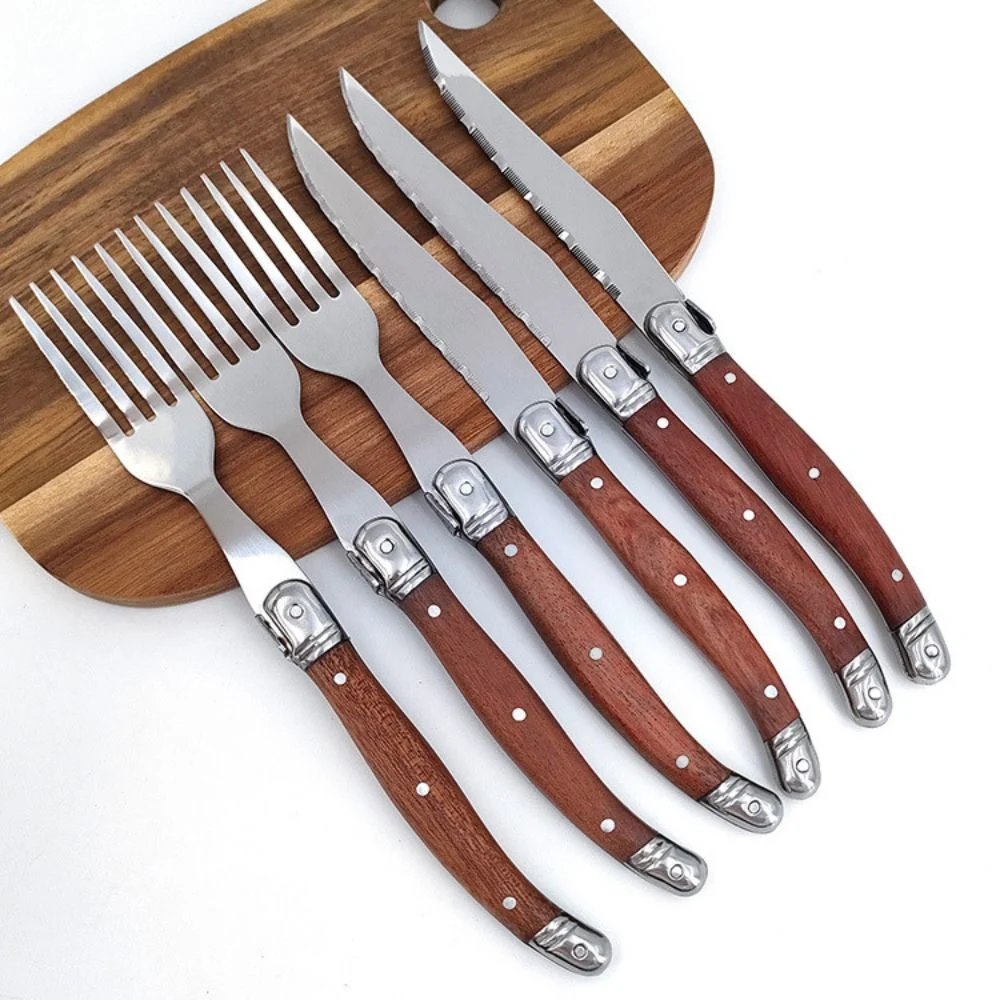 Dinnerware Plastic Wood Grain Handle Food Steak Knife and Fork Set Mi25011