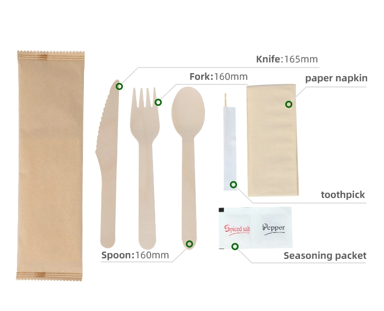 Disposable Wooden Spoon Fork Knife Tableware Set with Kraft Paper Pack